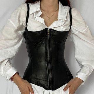Plain Faux Leather Zip-up Top