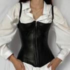 Plain Faux Leather Zip-up Top