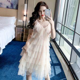 Mesh V-neck Spaghetti Strap Layered Dress