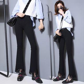 Fringed Hem Slim-fit Boot-cut Pants