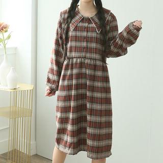 Pointy-collar Plaid Shirtwaist Dress