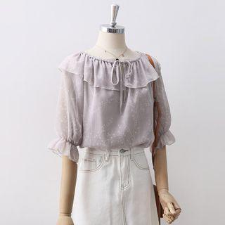 Printed Ruffle Trim Elbow-sleeve Blouse
