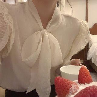 Tie-neck Lace Panel Blouse Off-white - One Size
