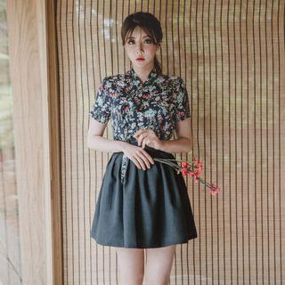 Short-sleeve Mini Skirt Hanbok Set (floral / Charcoal Gray)