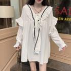 Long Sleeve Drop Shoulder Ruffle Trim Contrast Line Lace Up A-line Dress As Shown In Figure - One Size