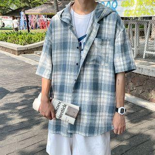 Elbow-sleeve Plaid Hooded Shirt