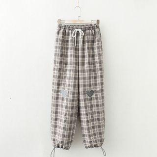 Heart Embroidered Plaid Drawstring-cuff Pants