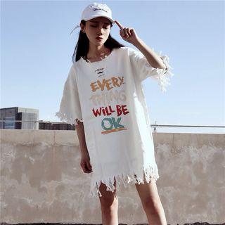 Lettering Elbow-sleeve Ripped T-shirt