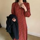 Long-sleeve Floral Print A-line Dress Floral - Red - One Size