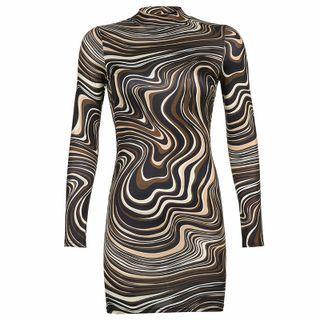 Long-sleeve Mock-neck Print Mini Sheath Dress