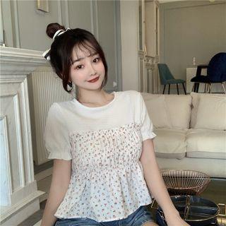 Short-sleeve Mock Two-piece Flower Print Blouse