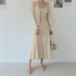 Set: Cardigan + Sleeveless Long Rib-knit Dress