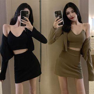 Set: Chain Strap Crop Top + Cardigan + Mini Skirt