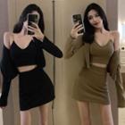 Set: Chain Strap Crop Top + Cardigan + Mini Skirt