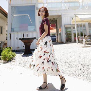 Band-waist Brush-pattern Long Flare Skirt