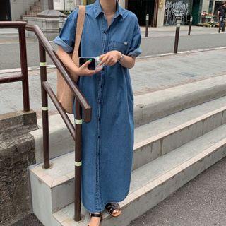 Denim Short-sleeve Maxi Shirt Dress Denim Blue - One Size