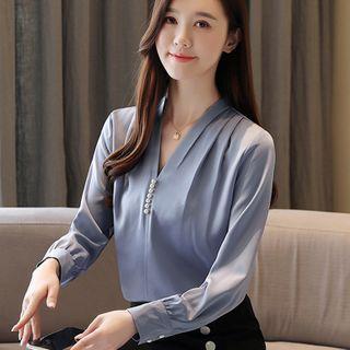 Long-sleeve Faux Pearl V-neck Chiffon Blouse