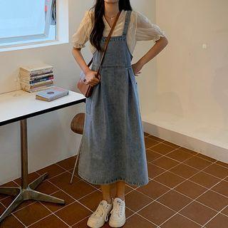Short-sleeve Lace Blouse / Denim Midi A-line Overall Dress