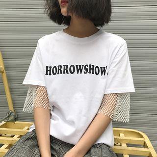 Fishnet Panel Lettering Short Sleeve T-shirt