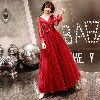 Puff-sleeve Floral Applique A-line Evening Gown