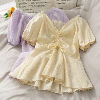 Eyelet Drawstring V-neck Blouse
