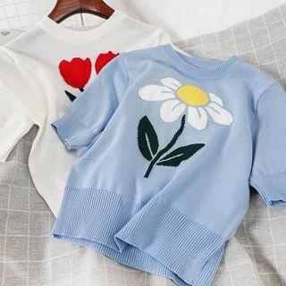Floral Short-sleeve Knit Cropped Top