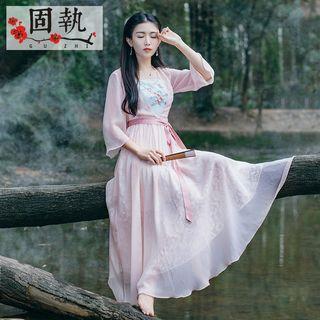 3/4-sleeve Tie-waist Embroidered Dress