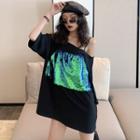 Mock Two-piece 3/4-sleeve Sequined Mini T-shirt Dress
