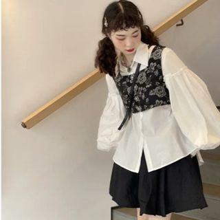 Plain Blouse / A-line Skirt / Floral Vest