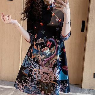 Elbow-sleeve Dragon Print A-line Dress