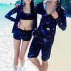 Couple Matching Set: Printed Hooded Jacket + Swim Shorts