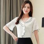 Ruffle Contrast Trim Short-sleeve Chiffon Blouse