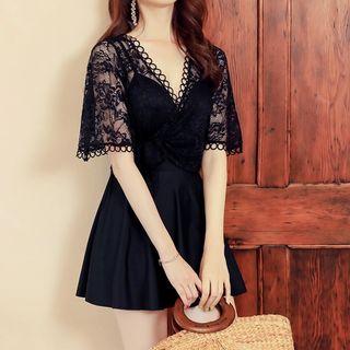 Elbow-sleeve Lace-panel Swimdress