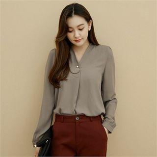 V-neck Faux-pearl Trim Top