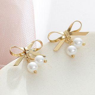 Faux Pearl Bow Drop Earring E169 - S925 Sterling Silver - Earring - One Size