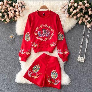 Set Of 2 : Round-neck Embroidered Long-sleeve Top + Embroidered Shorts
