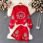 Set Of 2 : Round-neck Embroidered Long-sleeve Top + Embroidered Shorts