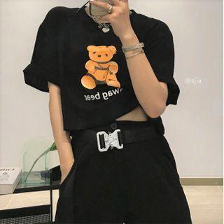 Elbow-sleeve Printed T-shirt / Bear Belt Bag