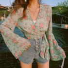 Bell-sleeve Floral Print Wrap Blouse