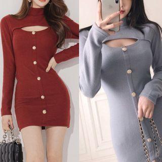Long-sleeve Mock-neck Cutout Knit Mini Bodycon Dress