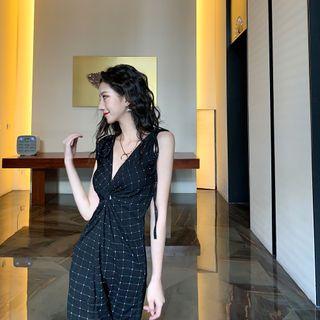 Sleeveless Rhinestone Argyle Print A-line Dress