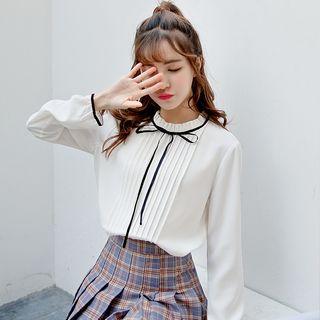 Bow Pintuck Long-sleeve Chiffon Blouse