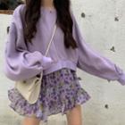 Puff-sleeve Sweatshirt / Floral Mini Skirt