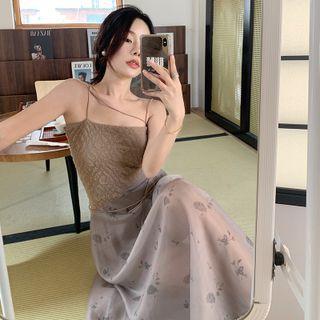 Long-sleeve Crop Top / Spaghetti Strap Floral Print Midi A-line Dress