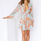 Long-sleeve Plunge-neck Print Mini A-line Dress