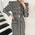 Single-breasted Houndstooth Sheath Dress With Belt As Shown As Figure - One Size
