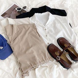 Sleeveless Plain V-neck Drawstring Cropped Top