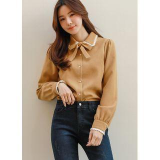 Tie-neck Lace-trim Napped Blouse Mustard Yellow - One Size