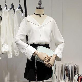 Bell-sleeve Contrast-trim Chiffon Shirt