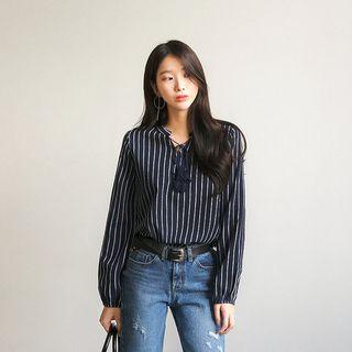 Tassel-neck Pinstripe Top